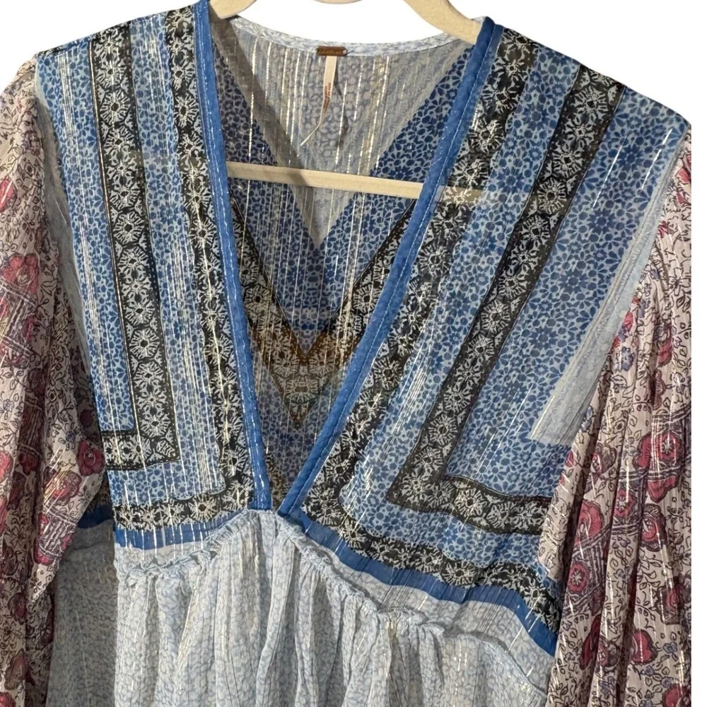 Free People Alyiah Blouse Boho Puff Sleeve Top Blouse‎ sz S